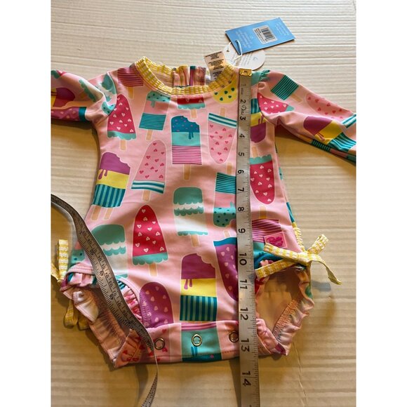 Ruffle Butts Baby Girls UPF 50+ Pink Ice Cream Print Long Sleeve Swimsuit - Picture 12 of 12